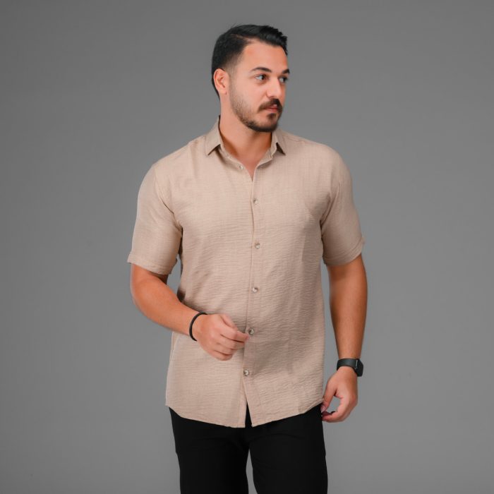 پیراهن تک رنگ کرم مردانه مدل تمام نخ لینن
