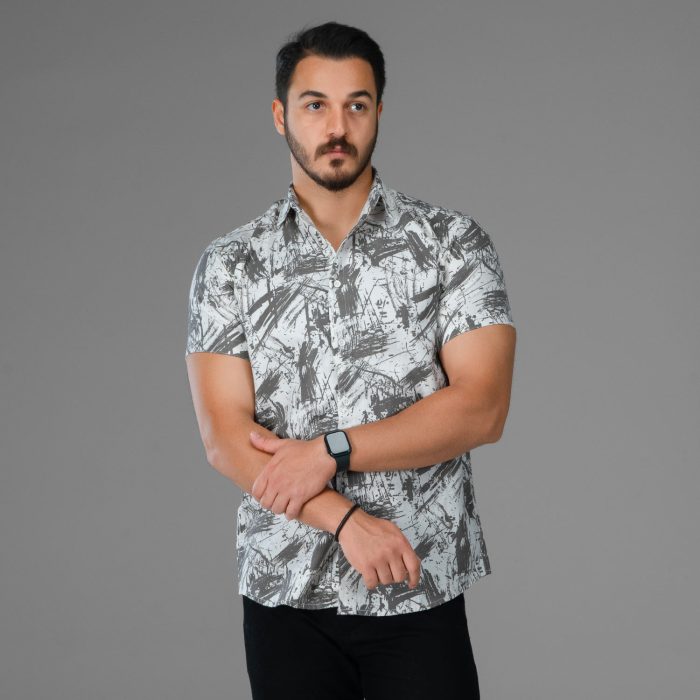 پیراهن آستین کوتاه مردانه رنگ سفید طوسی جنس کنفی