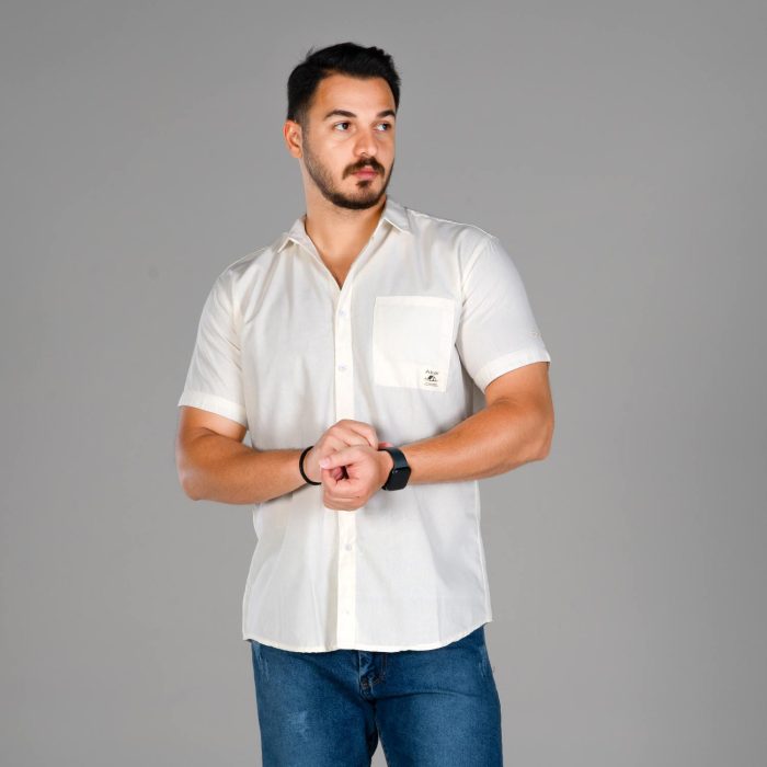 پیراهن آستین کوتاه تک رنگ تمام نخ مردانه رنگ شیری