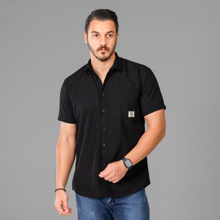پیراهن مشکی آستین کوتاه مردانه تک جیب ( لینن )