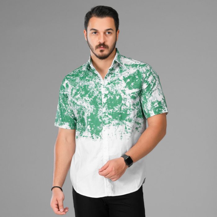 پیراهن سفید مردانه مدل آستین کوتاه سفید سبز
