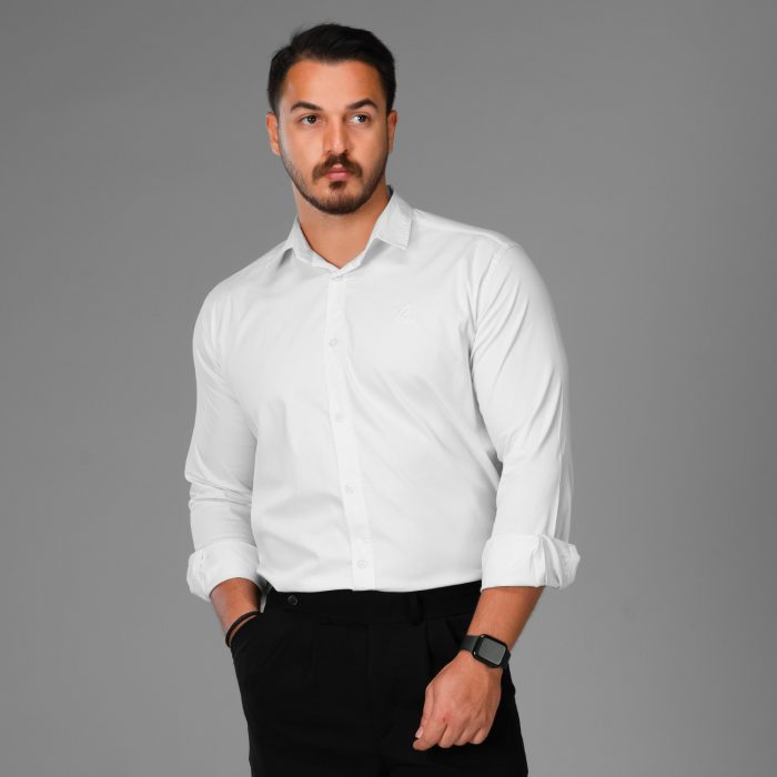 پیراهن آستین بلند سفید مردانه مدل ساده کلاسیک