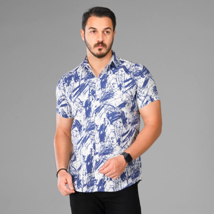 پیراهن آبی سفید مردانه مدل آستین کوتاه جنس کنفی