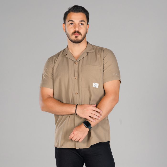 پیراهن تابستانه مردانه جنس لینن رنگ کرم مدل تک جیب