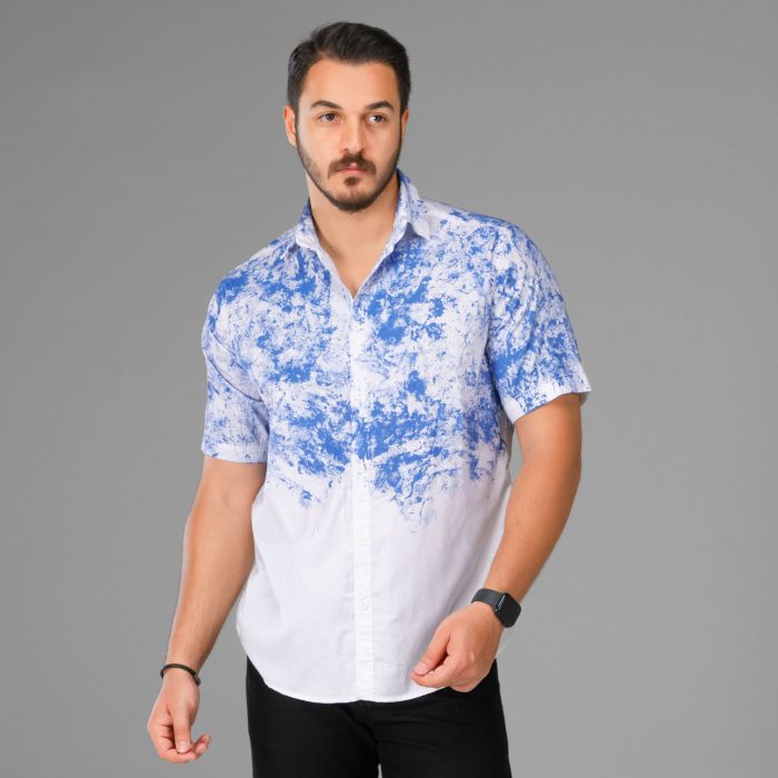 پیراهن آستین کوتاه سفید مردانه طرحدار آبی