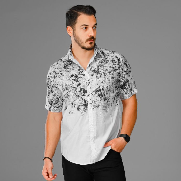 پیراهن آستین کوتاه مردانه رنگ سفید مدل نیمه طرح