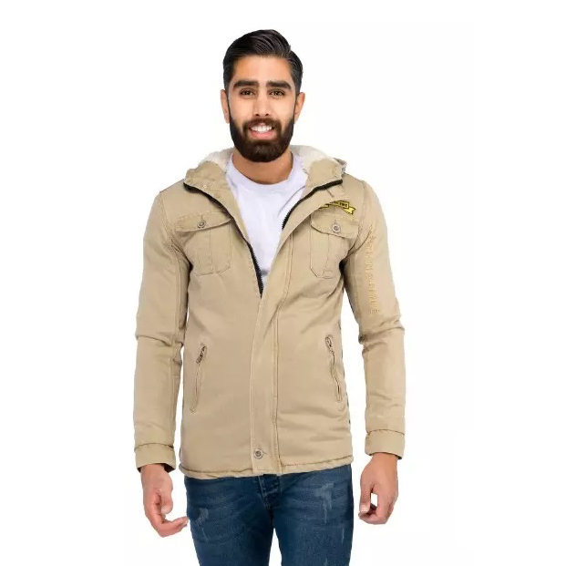 کاپشن کتان کرم کلاهدار داخل خز مدل مردانه