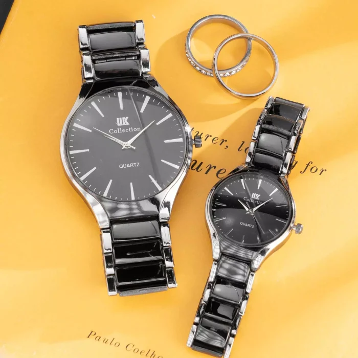 ست ساعت مچی مردانه زنانه IIK Collection مشکی نقره ای