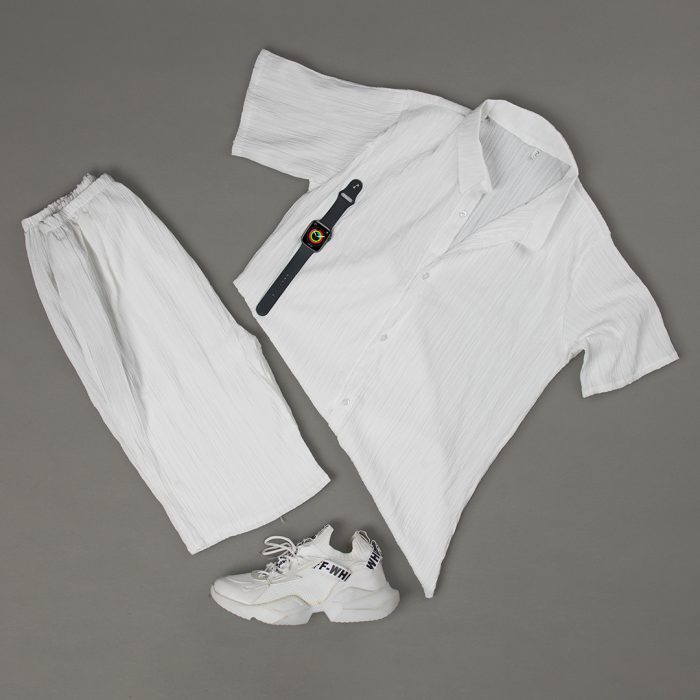 ست پیراهن شلوارک پسرانه سفید نخی تابستانی