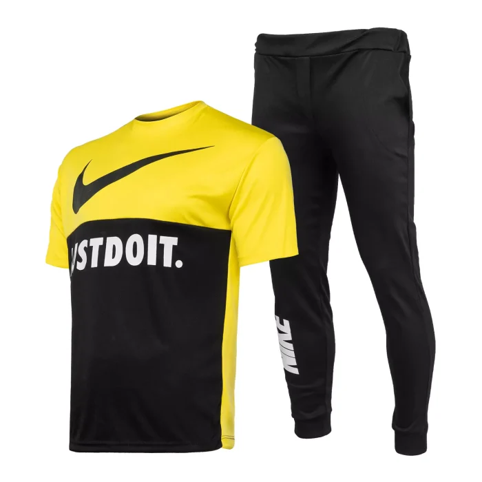 ست تیشرت زرد مشکی با شلوار اسلش مردانه Nike