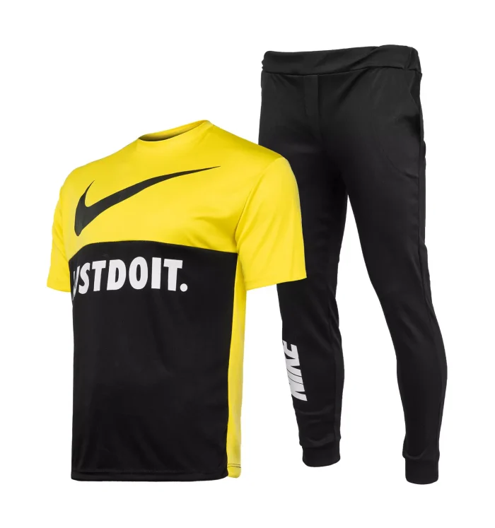 ست تیشرت زرد مشکی با شلوار اسلش مردانه Nike
