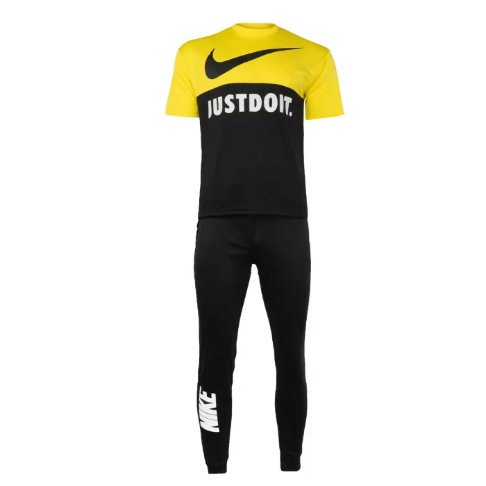 ست تیشرت زرد مشکی با شلوار اسلش مردانه Nike