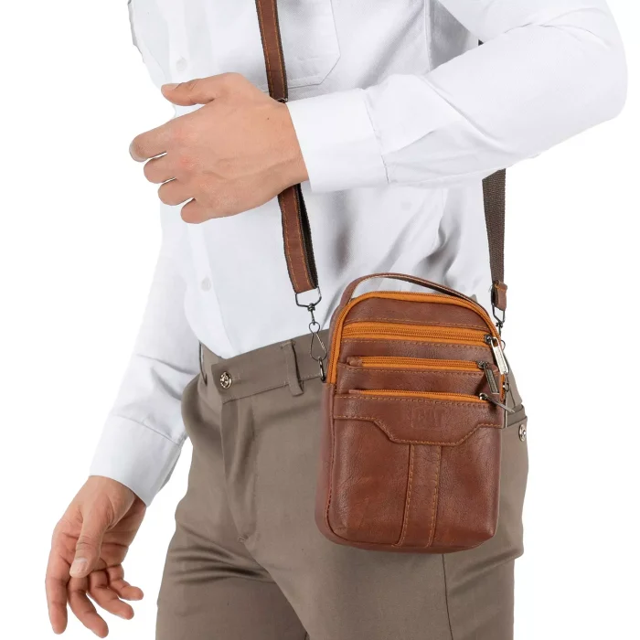 کیف دوشی چرم مردانه مدل 3 زیپ رنگ قهوه ای