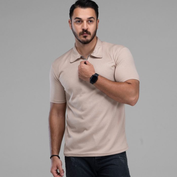 تیشرت نیم زیپ مردانه مدل یقه دار جنس بیسکویتی