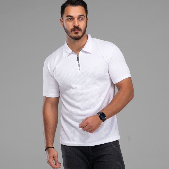 تیشرت نیم زیپ مردانه سفید مدل یقه دار بیسکویتی