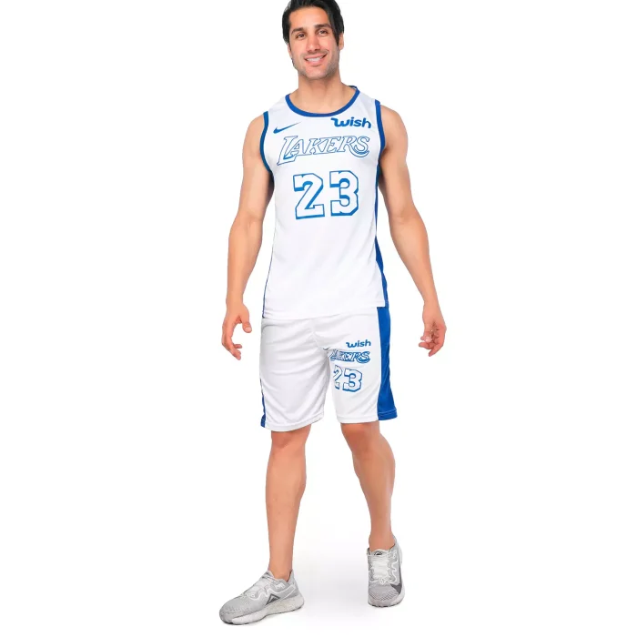 ست کاور شلوارک پسرانه سفید آبی بسکتبال Lakers