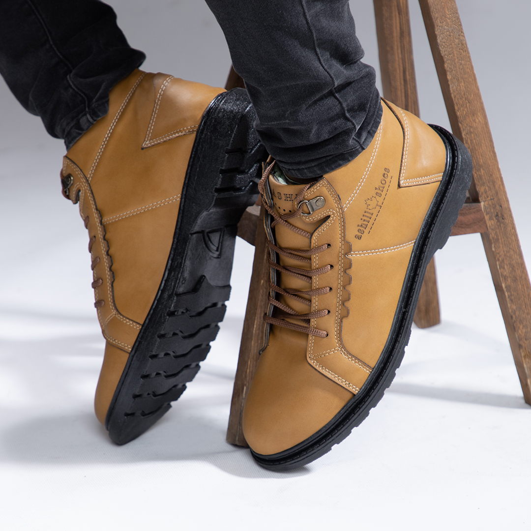 کفش چرم عسلی ساقدار مردانه