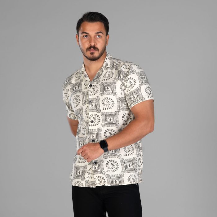 پیراهن آستین کوتاه مردانه رنگ کرم جنس لینن طرحدار