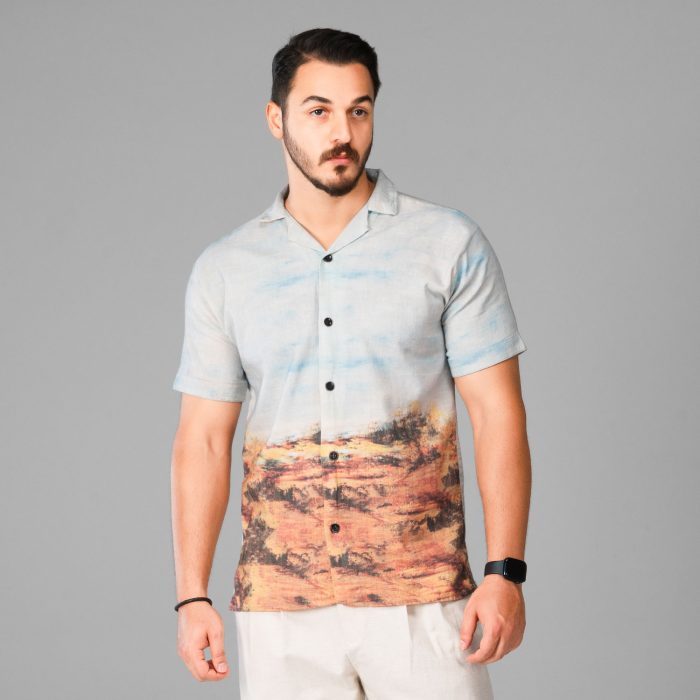 پیراهن لینن آستین کوتاه مردانه رنگ طوسی طرحدار