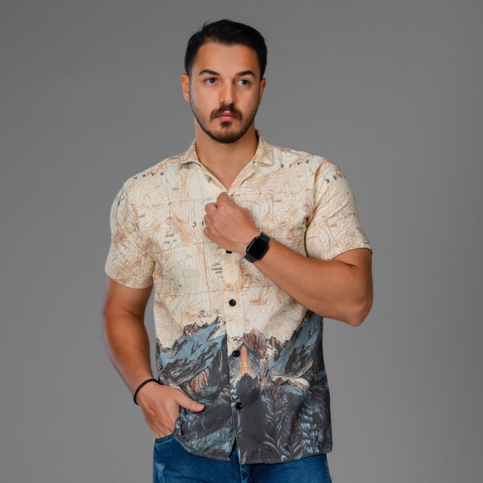 پیراهن لنین مردانه رنگ کرم طرحدار ترکیبی