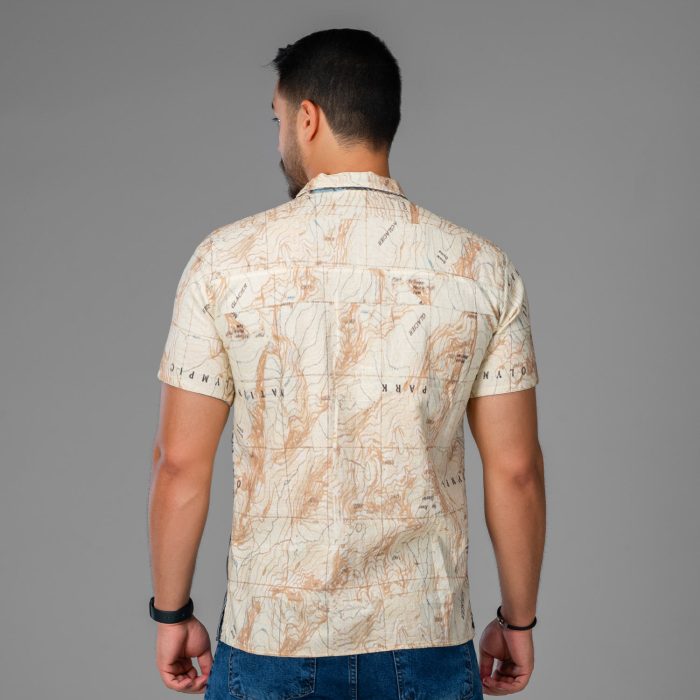 پیراهن لنین مردانه رنگ کرم طرحدار ترکیبی