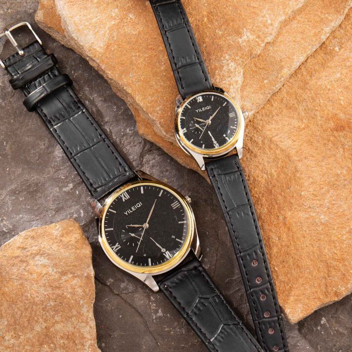 ست ساعت مچی دونفره مردانه زنانه بند چرم مشکی