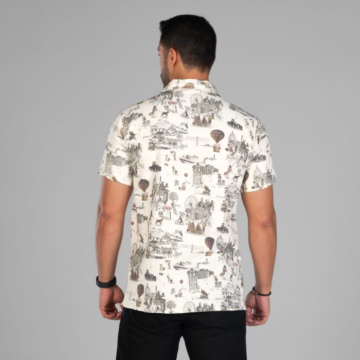 پیراهن لینن مردانه آستین کوتاه رنگ کرم طرحدار