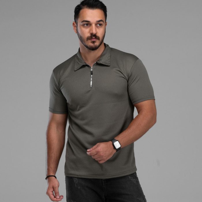 تیشرت نیم زیپ مردانه یقه دار طوسی