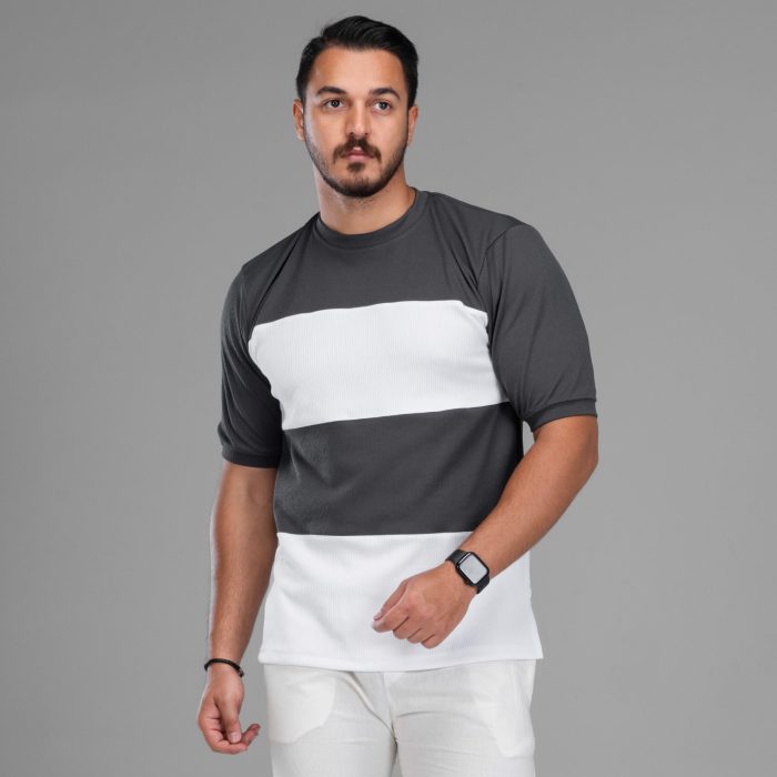 تیشرت طوسی مردانه مدل یقه گرد آستین کوتاه رینگری