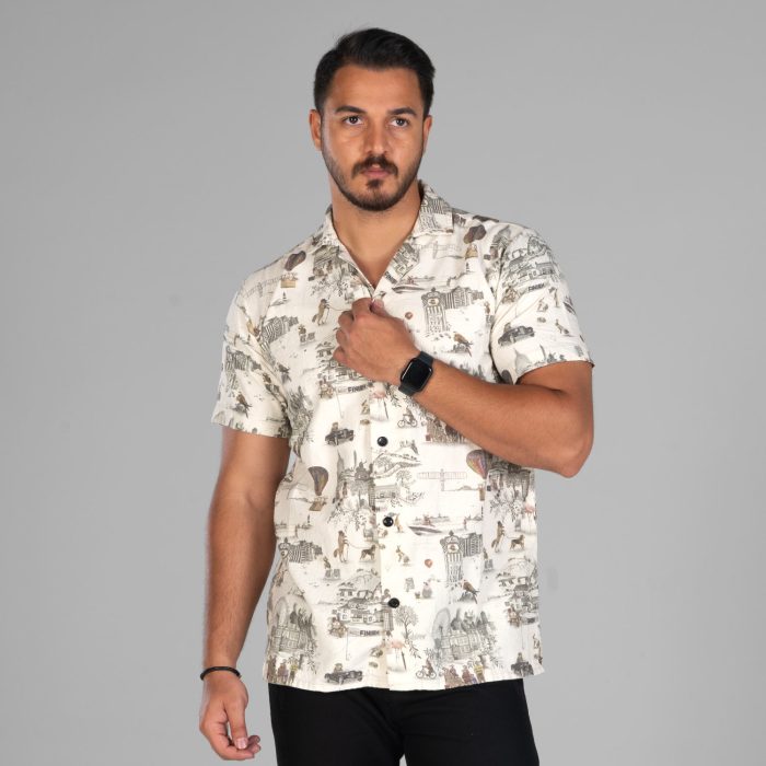 پیراهن لینن مردانه آستین کوتاه رنگ کرم طرحدار