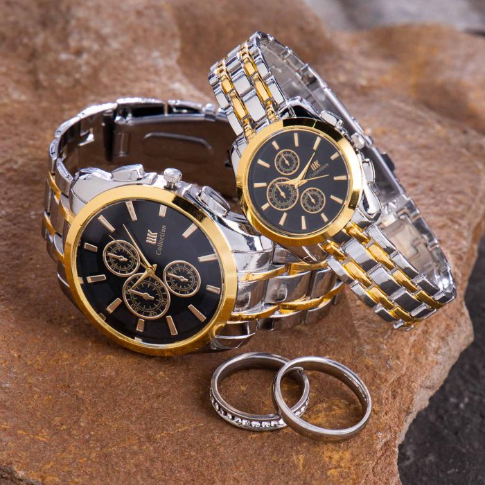 ست ساعت مچی مردانه زنانه IIK Collection نقره ای طلایی صفحه مشکی