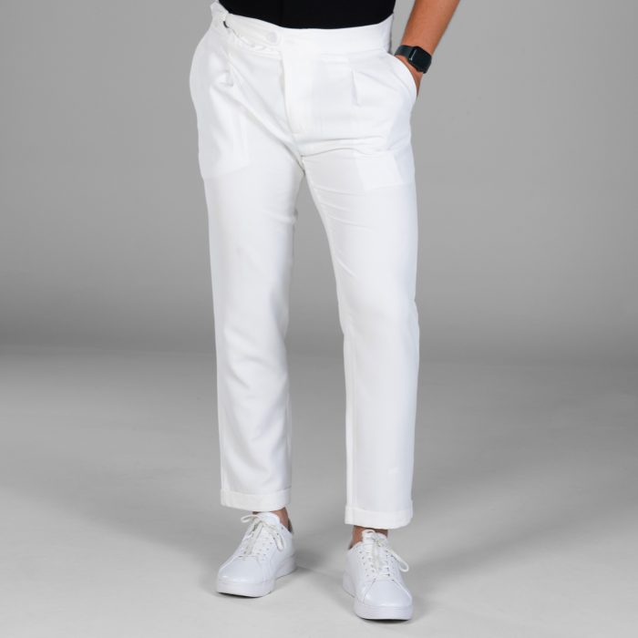 شلوار مام فیت سفید مردانه جنس لینن دمپا دوبل