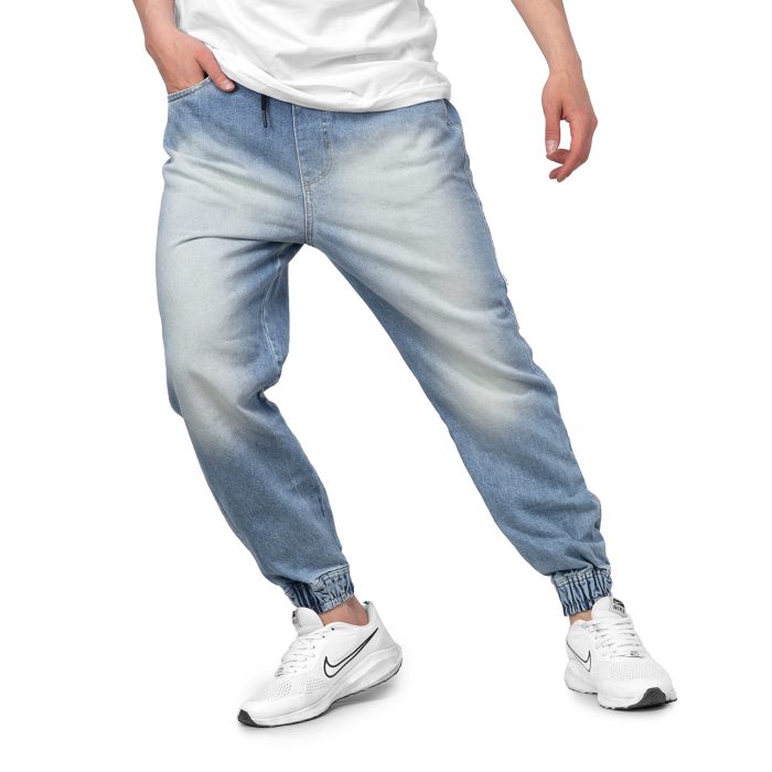 شلوار جین اسلش مردانه کمرکشی دمپا کشی آبی سنگ شور