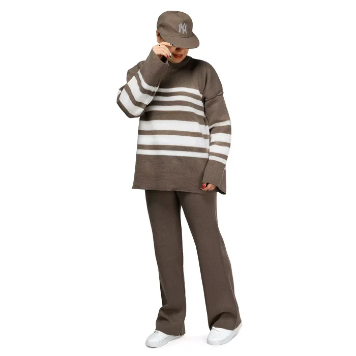 ست بافت شلوار بگ دخترانه رنگ قهوه ای راه راه