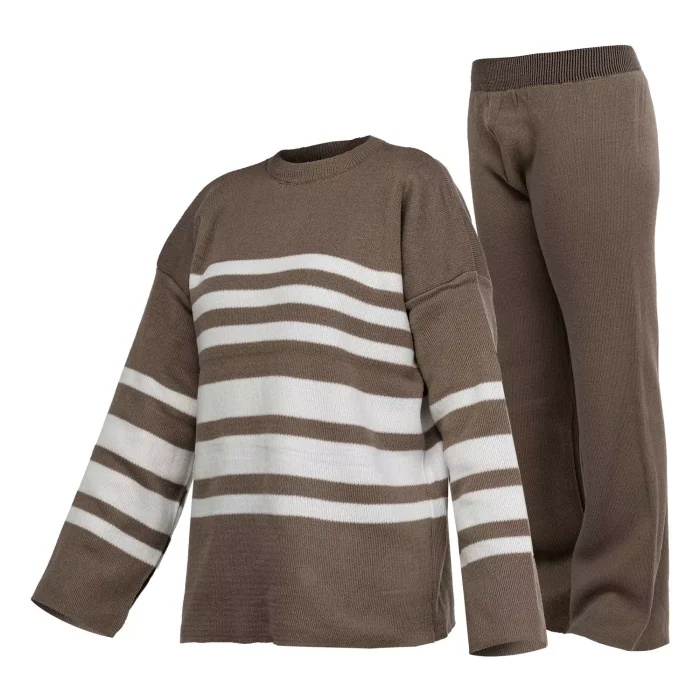 ست بافت شلوار بگ دخترانه رنگ قهوه ای راه راه