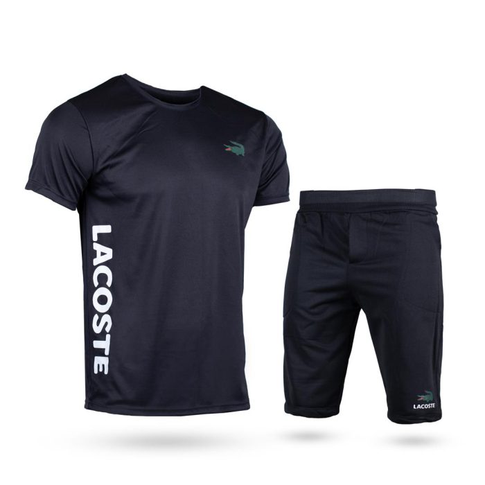ست تیشرت مشکی با شلوارک مردانه طرح Lacoste