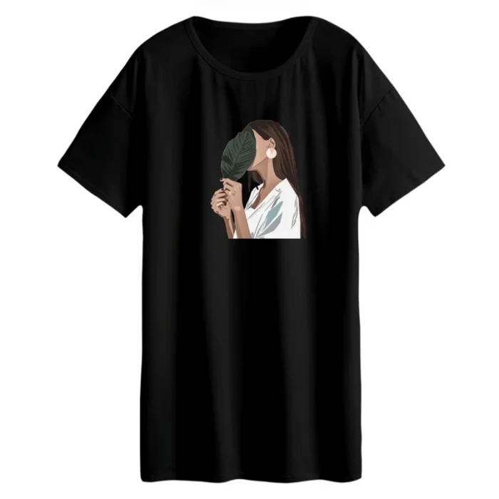 تیشرت لانگ دخترانه رنگ مشکی مدل چاپ تصویر دختر