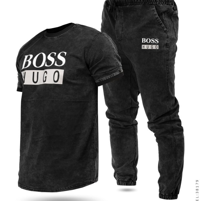 ست تیشرت شلوار اسلش مردانه مدل Boss ذغالی