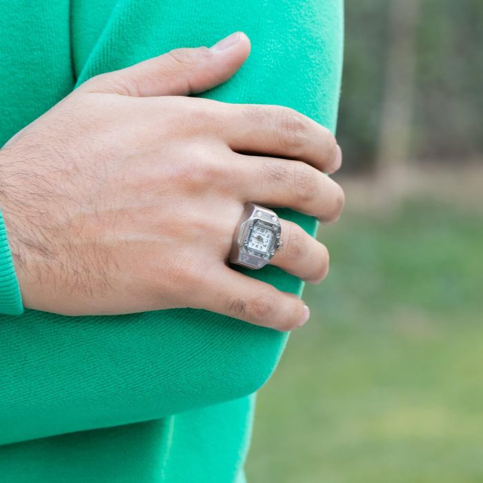 انگشتر ساعت دار مردانه مدل Cartier نقره ای سفید