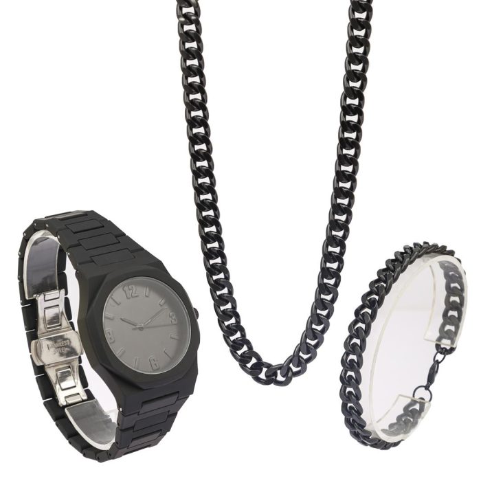ست گردنبند ساعت دستبند استیل مشکی مردانه Black