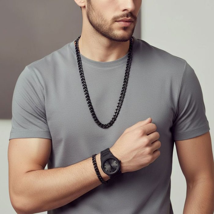 ست گردنبند ساعت دستبند استیل مشکی مردانه Black