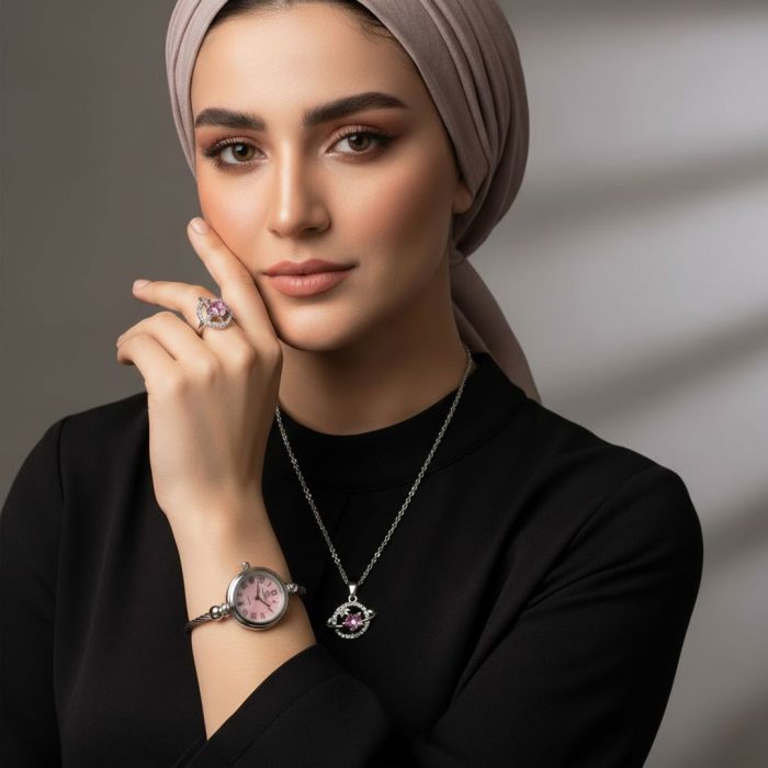 ست ساعت انگشتر گردنبند استیل زنانه نگین ستاره ای