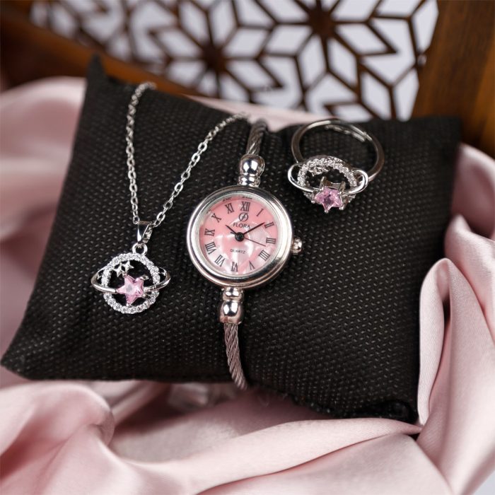 ست ساعت انگشتر گردنبند استیل زنانه نگین ستاره ای