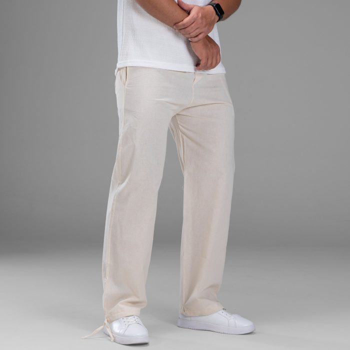 شلوار نیم بگ لینن مردانه رنگ کرم کمرکش تابستانی