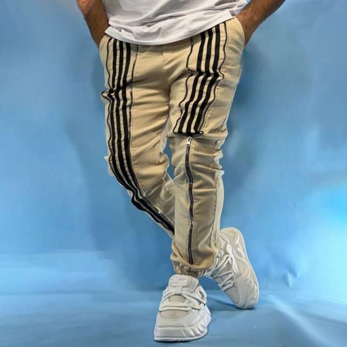 شلوار اسلش مردانه کتان کرم مشکی Adidas - Image 4