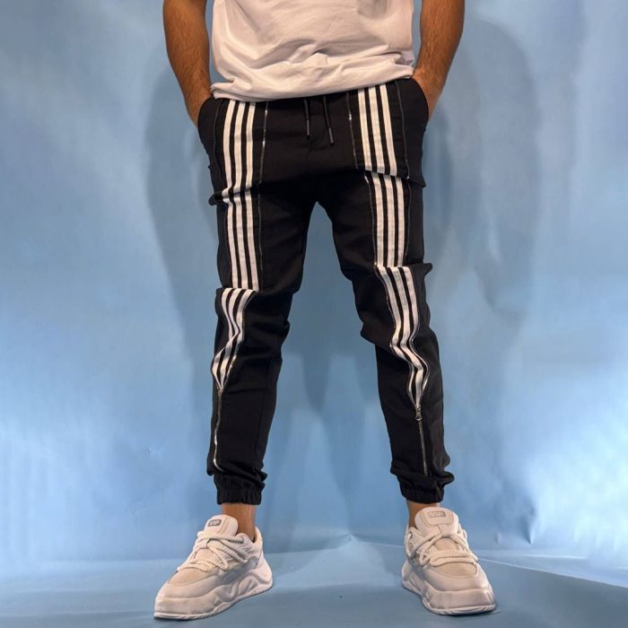 شلوار اسلش مردانه کتان کرم مشکی Adidas - Image 3