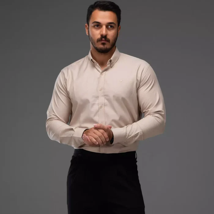 پیراهن پارچه شانلی مردانه رنگ کرم نخی تابستانی