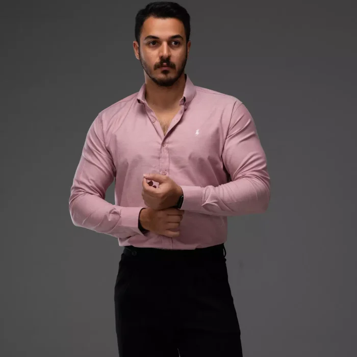 پیراهن آستین بلند مردانه رنگ صورتی جنس نخ