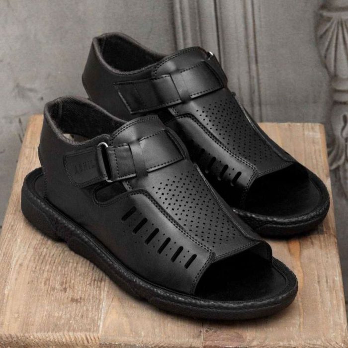 کفش صندل چرم مردانه رنگ مشکی مدل چسبی