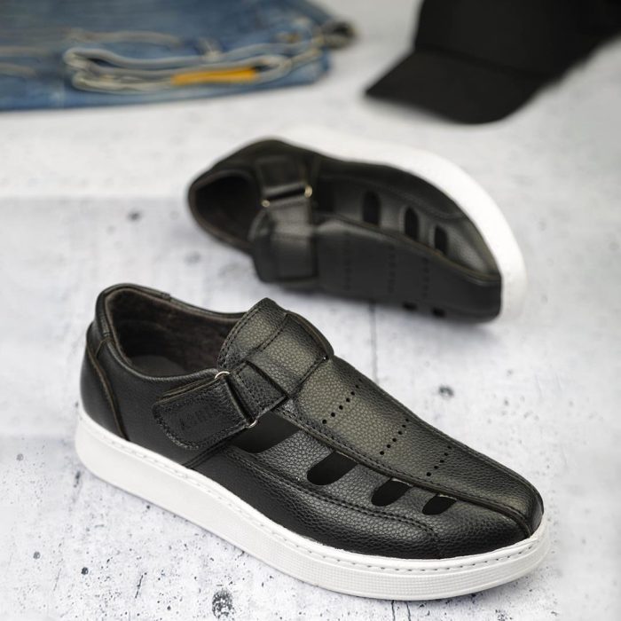 کفش صندل مردانه جنس چرم رنگ مشکی برند Ashil